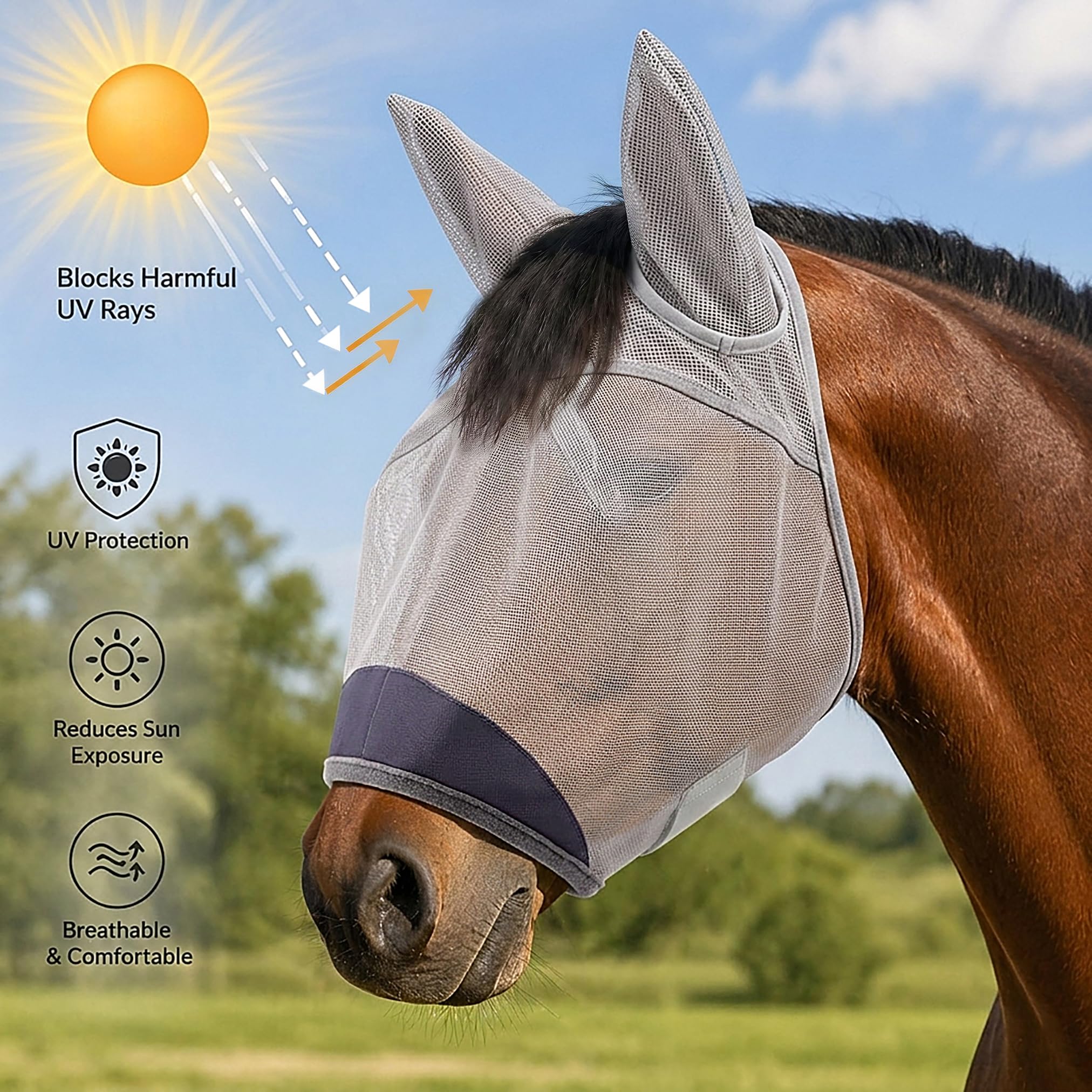 Horse Fly Mask with Ears - UV Protection Fine Mesh Super Comfort Fly Masks for Horses, Adjustable Breathability Horses Masks, Pony Equine Fly Mask for Miniature Foal Draft Cob Srabian Full (Gray, L)