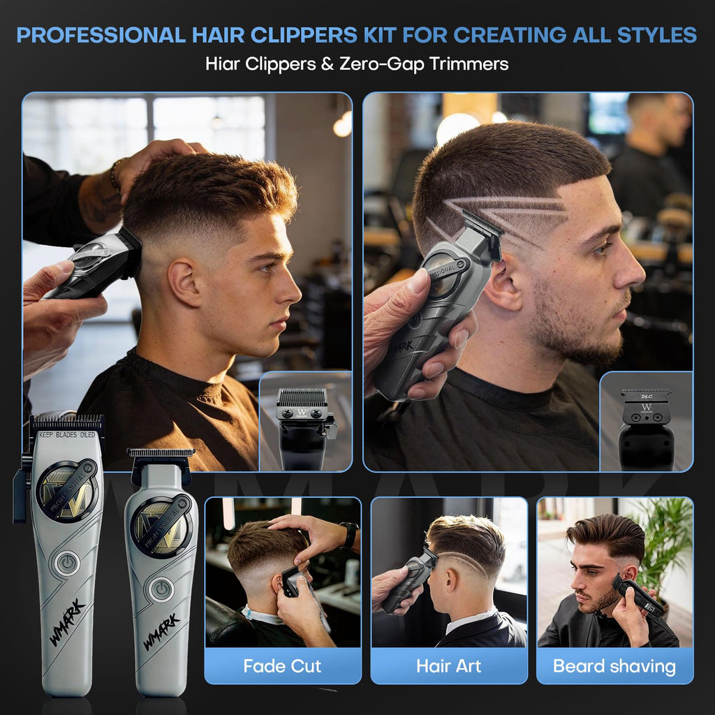 WMARK Hair Clippers for Men Professional Barber Clippers and Trimmers Set Cordless Hair Clippers for Hair Cutting, High Speed, Rechargeable, Powder Metallurgy DLC Ceramic Fade NG-8613 KIT (Gray)