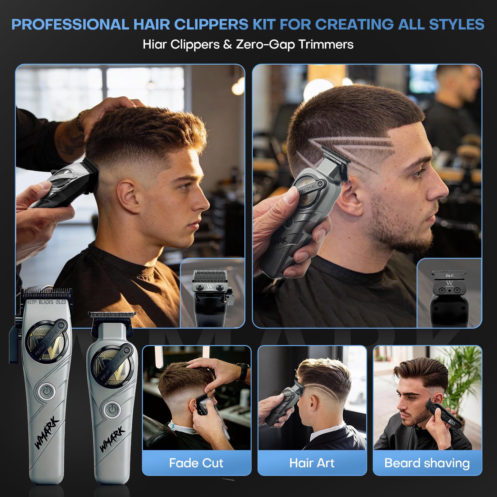 WMARK Hair Clippers for Men Professional Barber Clippers and Trimmers Set Cordless Hair Clippers for Hair Cutting, High Speed, Rechargeable, Powder Metallurgy DLC Ceramic Fade NG-8613 KIT (Gray)