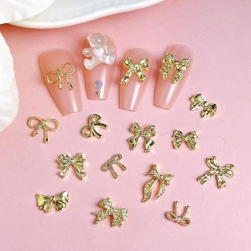 LERBOU 120Pcs Gold Bow Nail Charms, 3D Metal Alloy Bowknot Nail Art Golden Bows Charms for Nails Decor Accessories DIY Craft