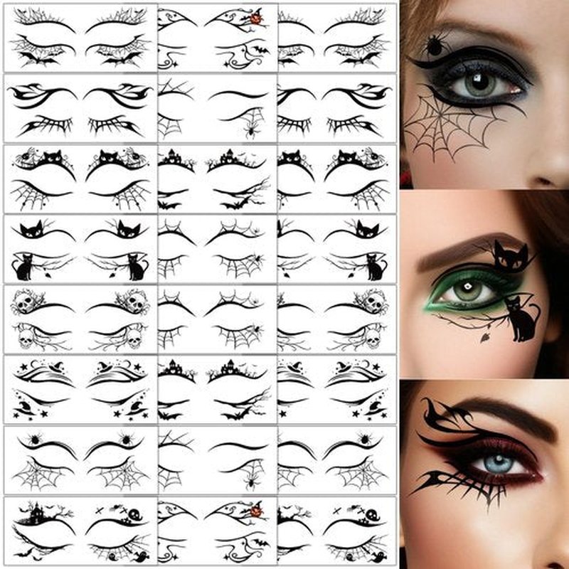 24pcs Halloween Face Temporary Tattoo, Upper & Lower Lash Designs Waterproof Fake Tattoos Stickers with Spooky Motifs for Men & Women Stage & Festive Looks & Cosplay Party Realistic Face Makeup