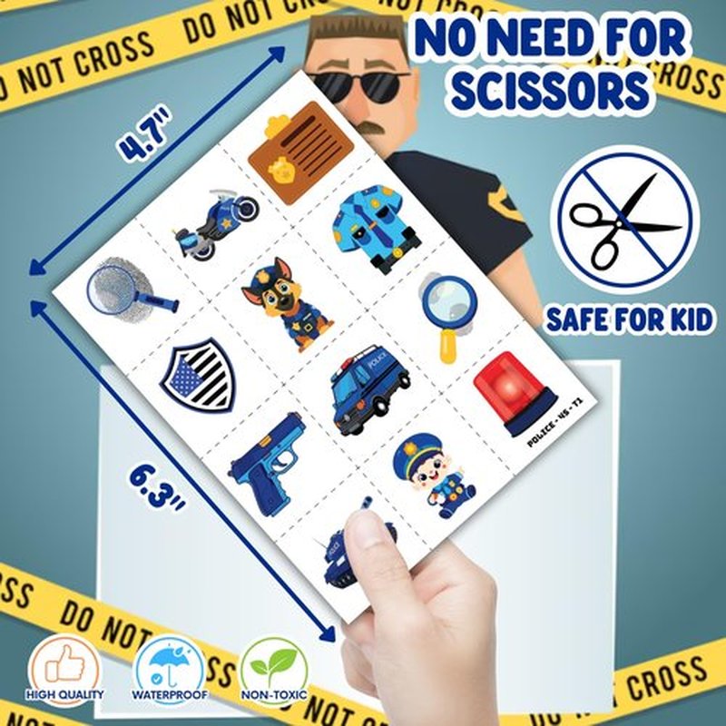 Cherisnowy 72PCS Police Party Set - 48PCS Temporary Tattoos & 24PCS Slap Bracelets - Fun Law Enforcement-Themed Birthday Supplies, Baby Shower Gifts, Classroom Rewards & Decor for Kids (Boys & Girls)