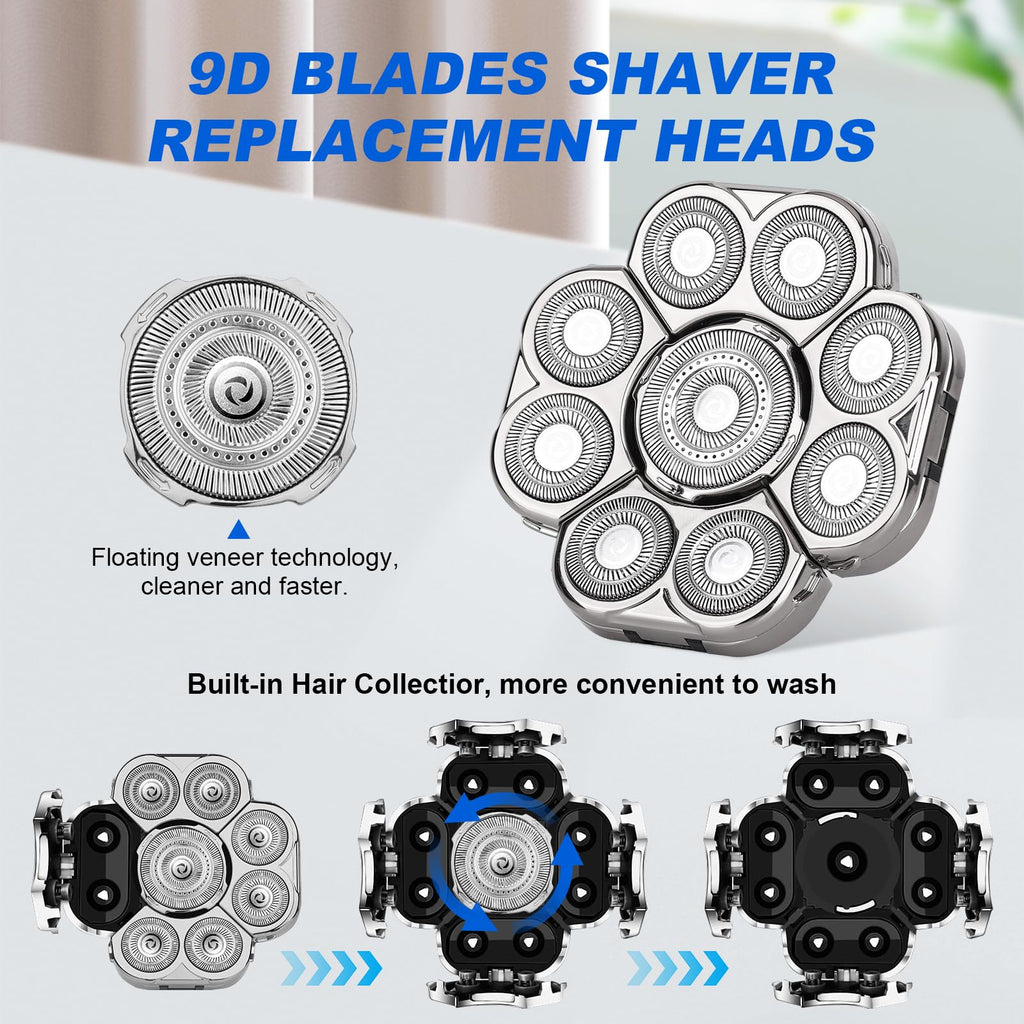9 Blades Head Shaver Men's Electric 9D Shaver Replacement Heads Universal Replacement Blade Head Electric Razor for Men,2 Pack