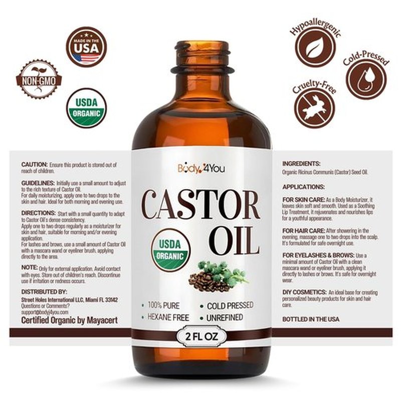 BodyJ4You Organic Castor Oil - 100% Pure Natural Cold Pressed USDA Certified Organic (2 Fl Oz (60 ml) - KIT)
