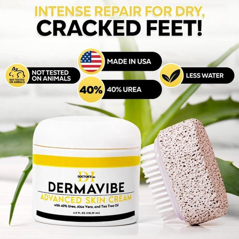 DOCTOR'S INC. Premium 40% Urea Cream for Feet - Made in USA - Maximum Strength with Pumice Stone & Brush | Tested by Doctors | Intense Moisturizer & Corn, Callus and Dead Skin Remover, Dermavibe