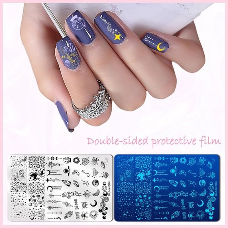 Biutee Nail Stamping Plate Nail Stamper Kit with Stamper & Scraper, Large Nail Art Stamping Plate French Line Lace Flower Leaves Animal Star Space Design DIY Nail Stamping Kit