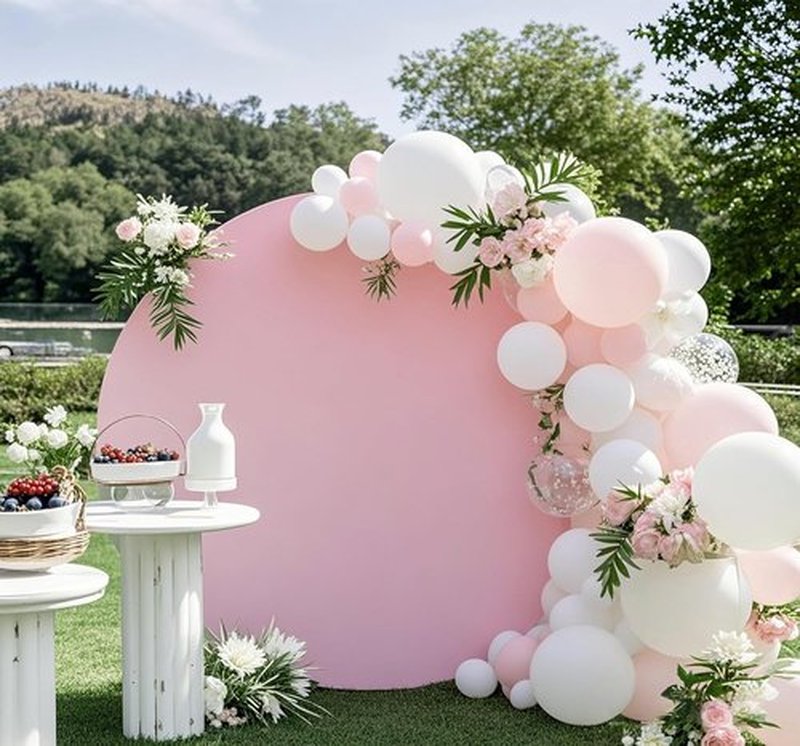 Skiennix 6.6 FT Round Backdrop Cover - Pink Spandex Wedding Circle Arch for Baby Shower & Birthday Party