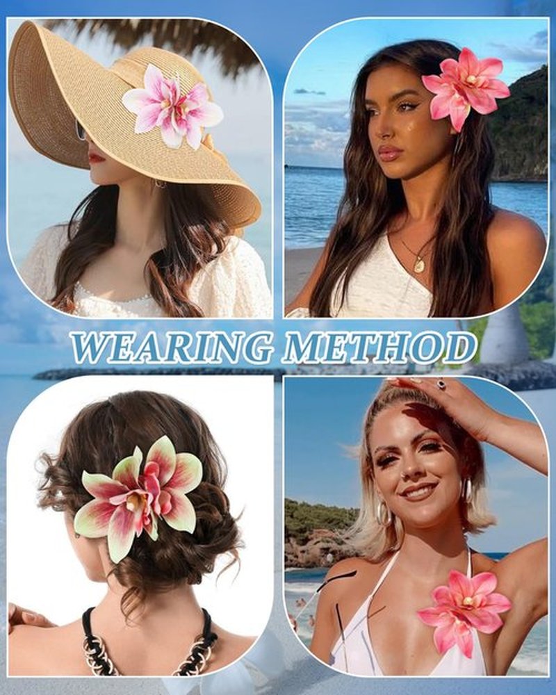 3 PCS Hawaiian Flower Hair Clips for Women Artificial Orchid Hair Barrettes Hibiscus Flower Hair Clips for Wedding Bridal Beach Party(Pink+Rose+Green)
