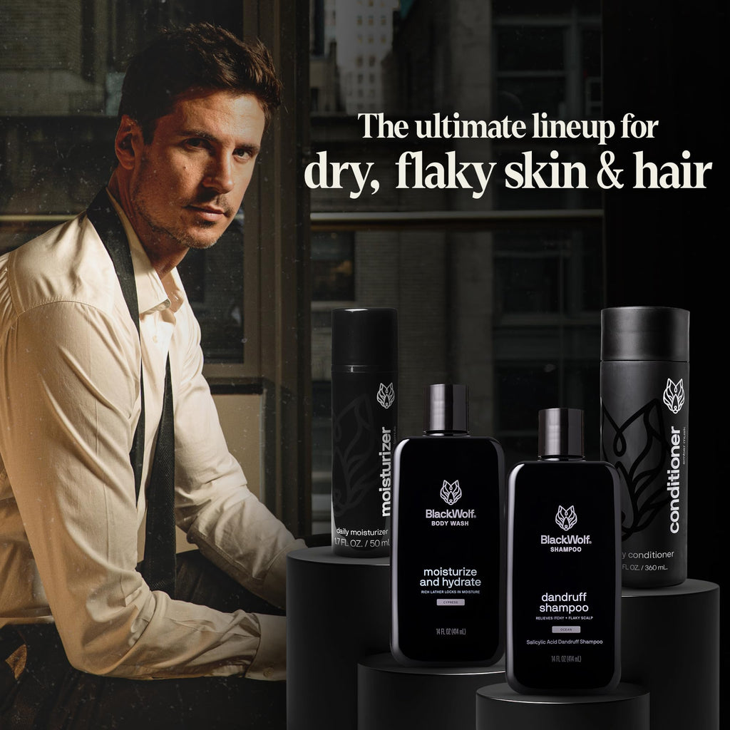 Black Wolf 4-Piece Skincare and Hair Gift Set for Men – Anti-Dandruff Shampoo, Moisturizing Body Wash, Face Moisturizer, Daily Conditioner - Skin Care Kit for All Dry Types