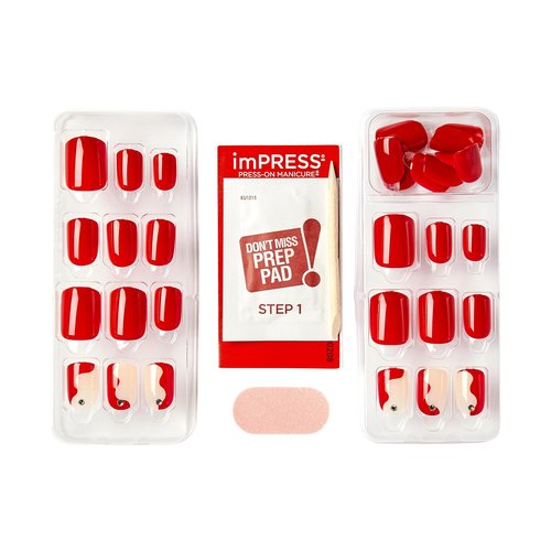 KISS imPRESS Press-On Manicure Fake Nails – Adore You, Short, Square, Red, Easy Press On, Chip Proof, Smudge Proof, Waterproof, No Dry Time, Comfortable & Secure, Super Hold Adhesive | 30 Count