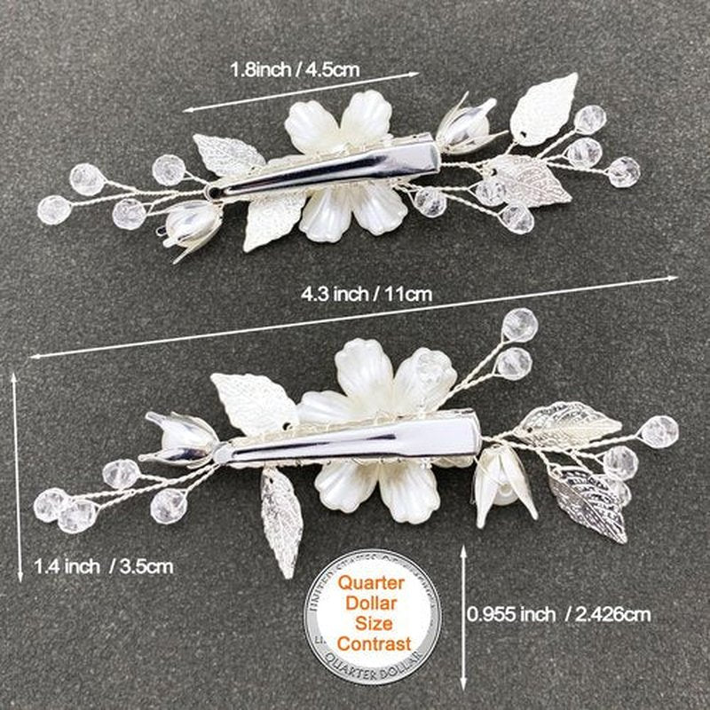 PRETTYLIFE Pearls Flower Hair Clips 2pcs Bridal Ivory Floral Silver Leaf Vine Hair Pieces Accessories for Wedding Women