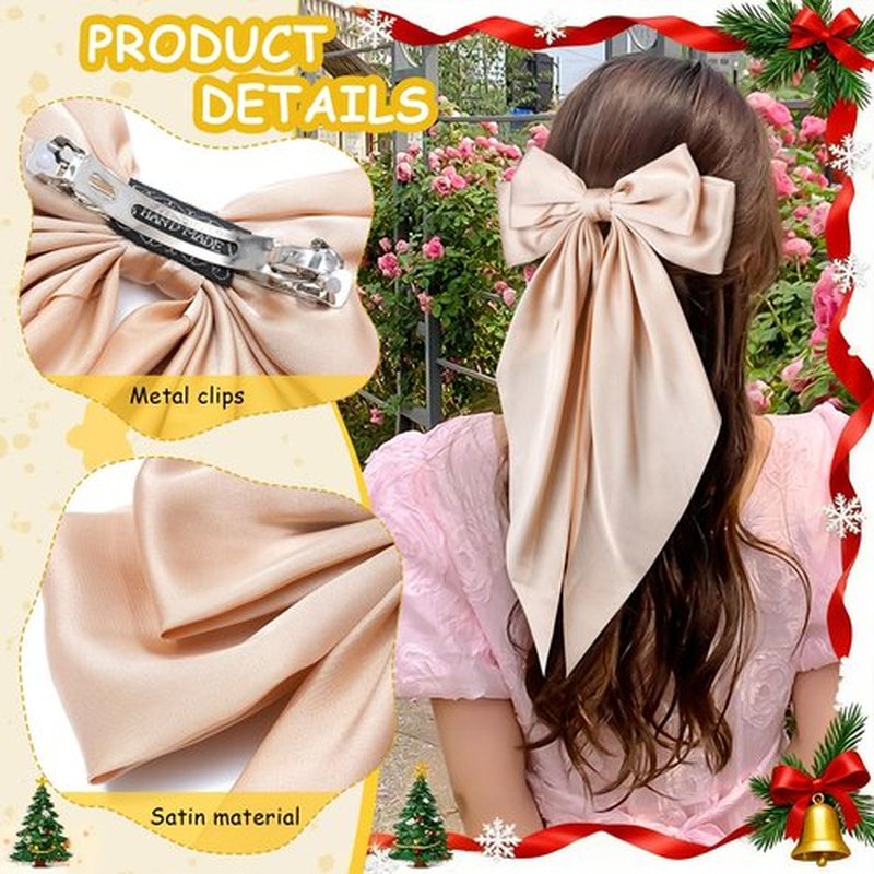4 Pcs Hair Bows for Women Big Ribbon Bows for Hair Long Tail Bow Hair Clips Cute Hair Barrettes Hair Accessories for Girls (Black + Beige + Khaki + Curry)