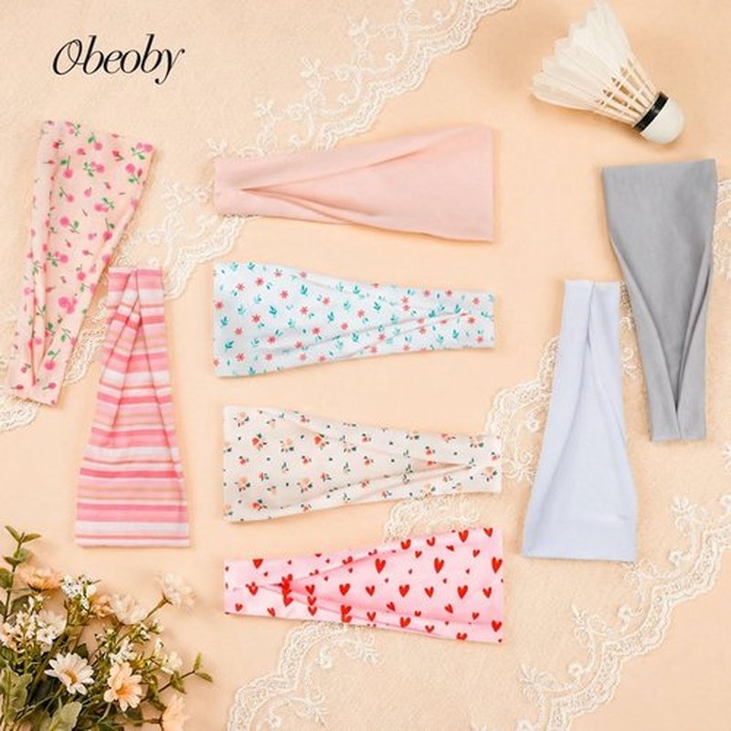 obeoby 8 Pack Pink Cute Headbands for Girls Daughter, Floral Stripe Headbands for Spring Summer Outfit Non Slip Wide Headband