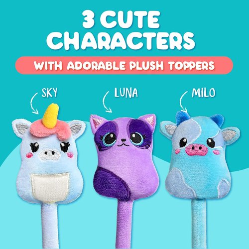 BUNMO Plush Cute Pens 3-Pack - Squishy Animal Pens with Scented Glitter Ink Refills | Cat, Cow, Unicorn