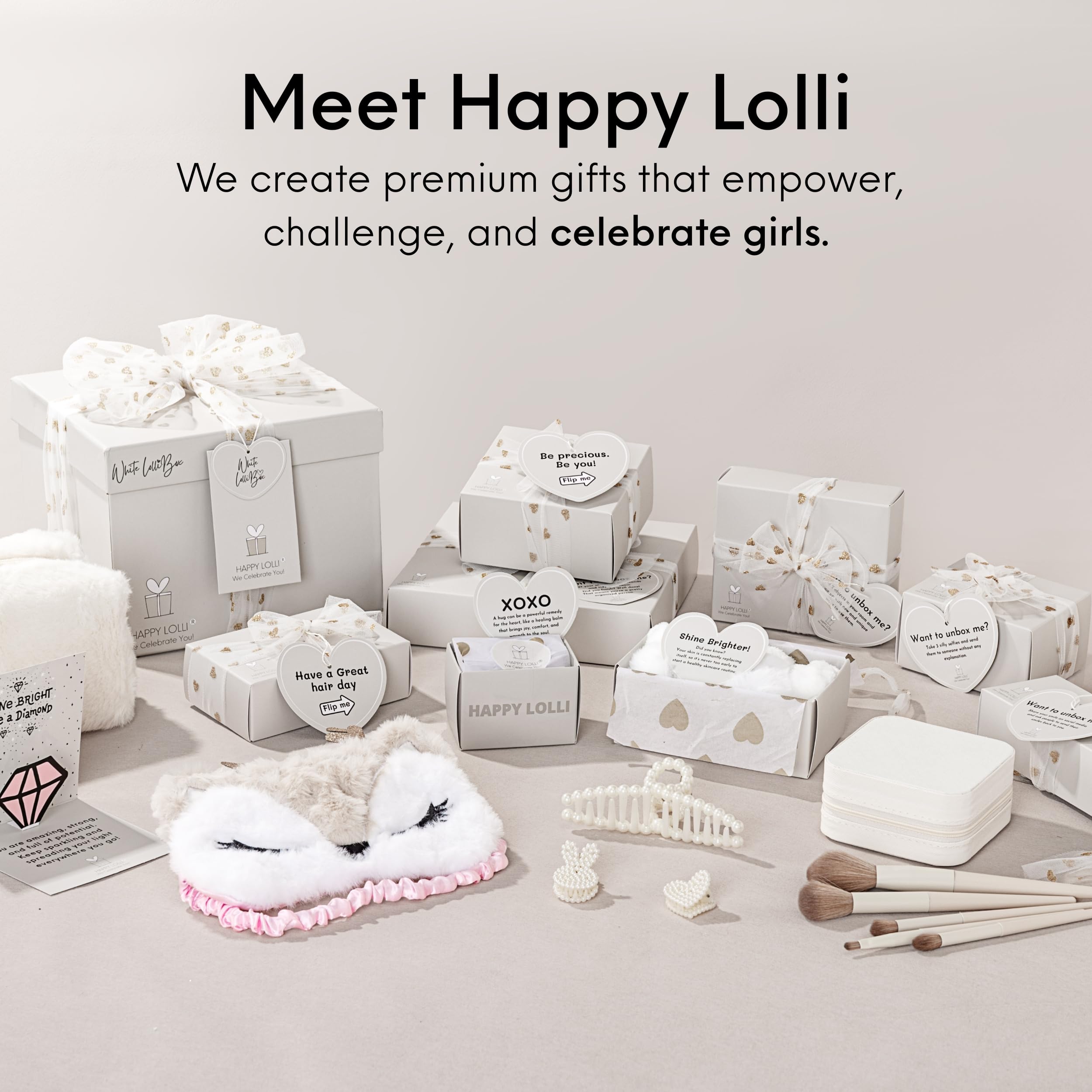 HAPPY LOLLI White LolliBox Gift Set for Tween & Teen Girls Ages 8–15, Birthday Gift Box, Ready-to-Gift Surprise Box with 8 Individually Wrapped Gifts & Empowering Challenges