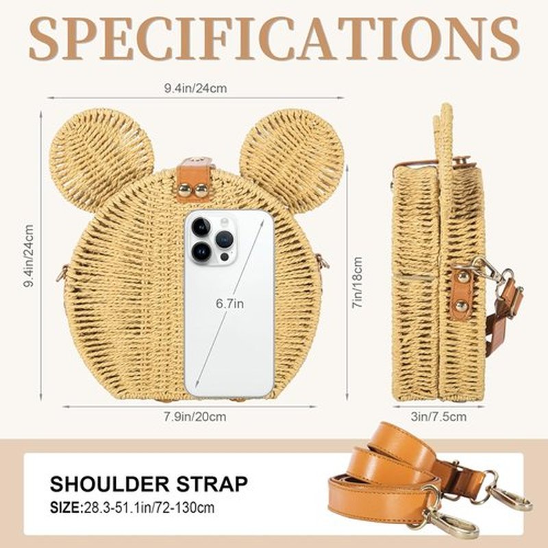 Skiennix Round Rattan Straw Bag - Handmade Wicker Purse with Cute Mouse Ears | Stylish Crossbody Handbag