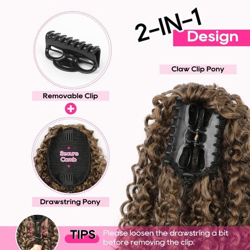 REECHO Ponytail Extension - 26" Long Curly 2-in-1 Claw Clip & Drawstring Ponytail Hair Extensions 100% Super Protein Pony Tail Hairpieces for Women - Jet Black