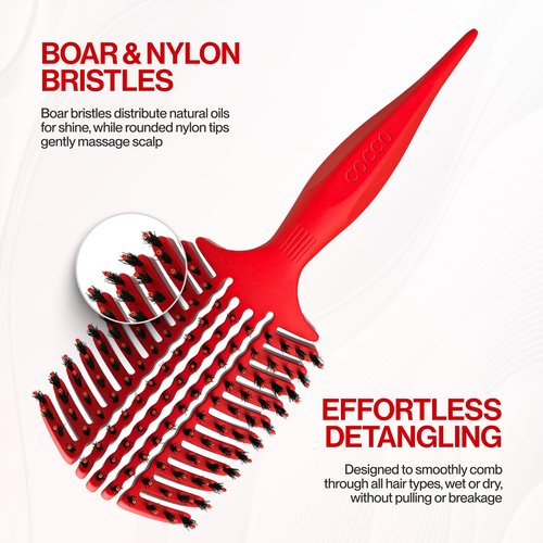 COCCO Aura Vent Boar Brush | Vented Dual-Curved Design for Faster Drying, Effortless Detangling & Shine, Boar + Nylon Bristles, Ergonomic Comfort Handle for Wet & Dry Hair Styling - Red