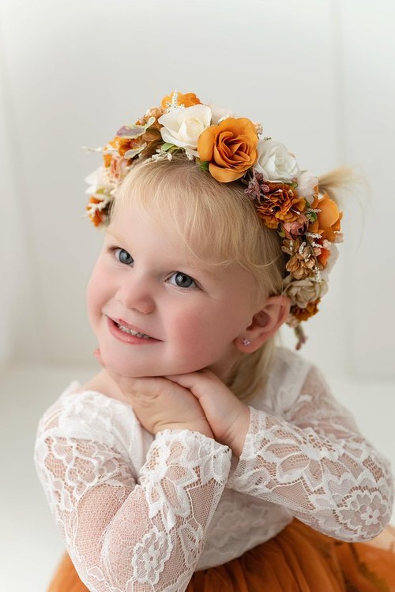 PoshMyra Burnt Orange Flower Crown for Girls Autumn Wedding Floral Holo Hair Headpiece Bridal Fall Wreath Young Bridemaid Crown Garland Photo Prop Headband