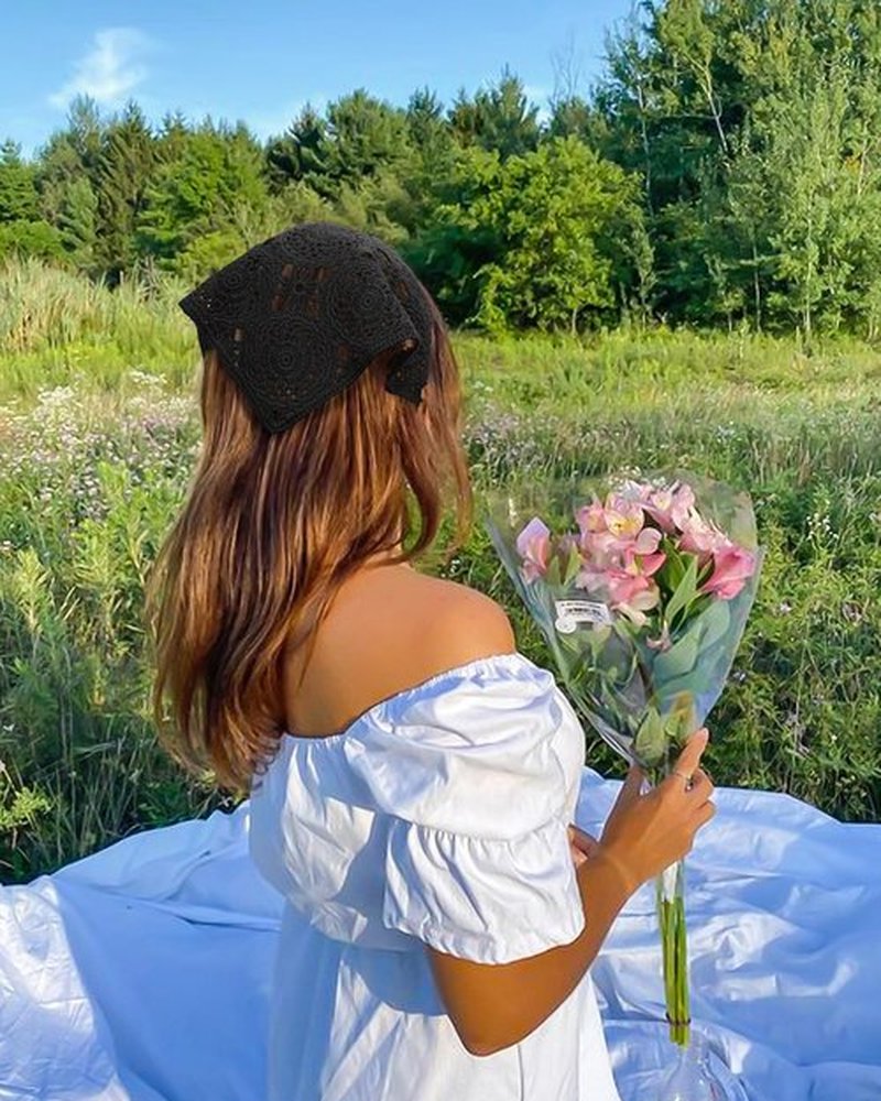 HAIMEIKANG Floral Crochet Hair Bandanas Headscarf 2 PCS Women Hair Scarf Daisy Headband Vintage Head Kerchief for Girls(Black+Coffee)