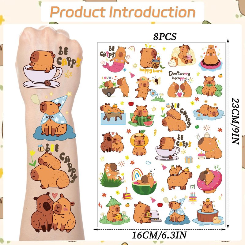 Yoyuspy Cute Capybara Temporary Tattoos - 200+ Capybara Birthday Party Decorations Favors Supplies Funny Animals Tattoos Stickers Capy Themed Party Decor Gifts Rewards Prizes for Boys Girls