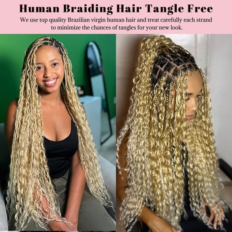 27P613 Human Braiding Hair Water Wave for Boho Braids Ombre Strawberry Blonde to Bleach Blonde Highlight 16inch Bulk Human Hair for Braiding Curly Hair Extensions 100g 2 Bundles No Weft Micro