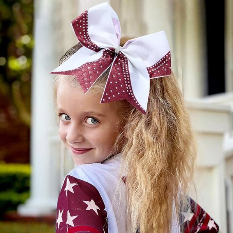 6PCS Glitter Cheer Bow Large Cheer Bows Rhinestones Hair Bows Girls 8"Cheerleading Bows Bulk Elastic Band Ponytail Holder for Teen Girls College Sports Competition White Maroon
