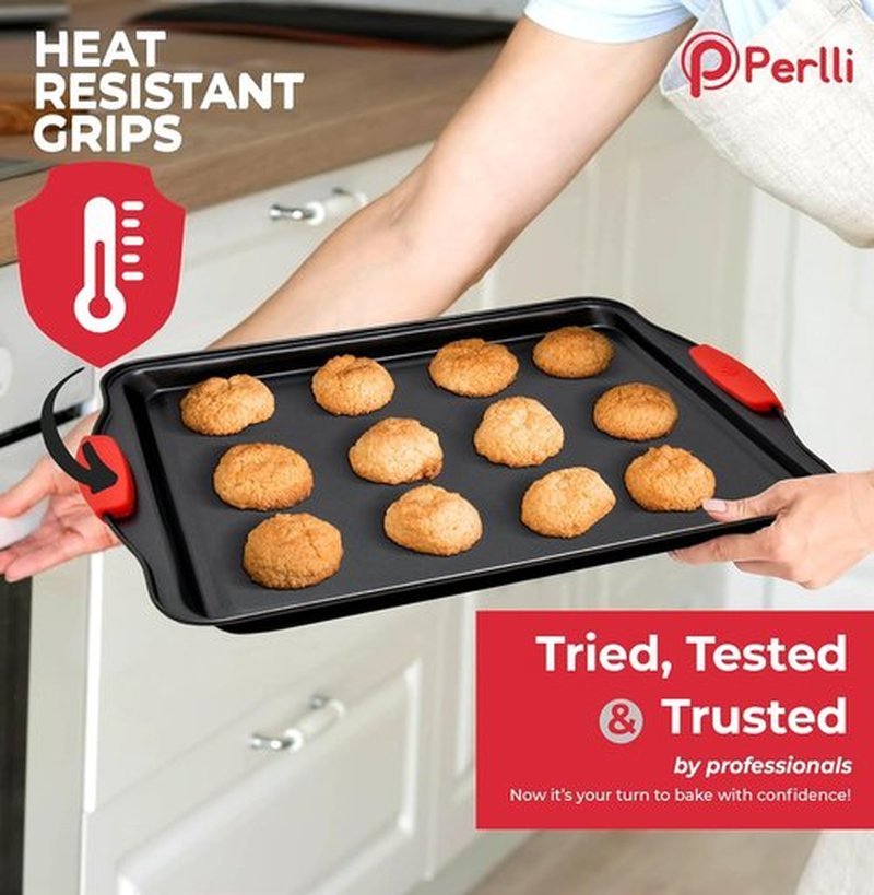 PERLLI Non-Stick Baking Pan Set - 3-Piece BPA-Free Carbon Steel with Silicone Handles | Oven Safe to 446°F