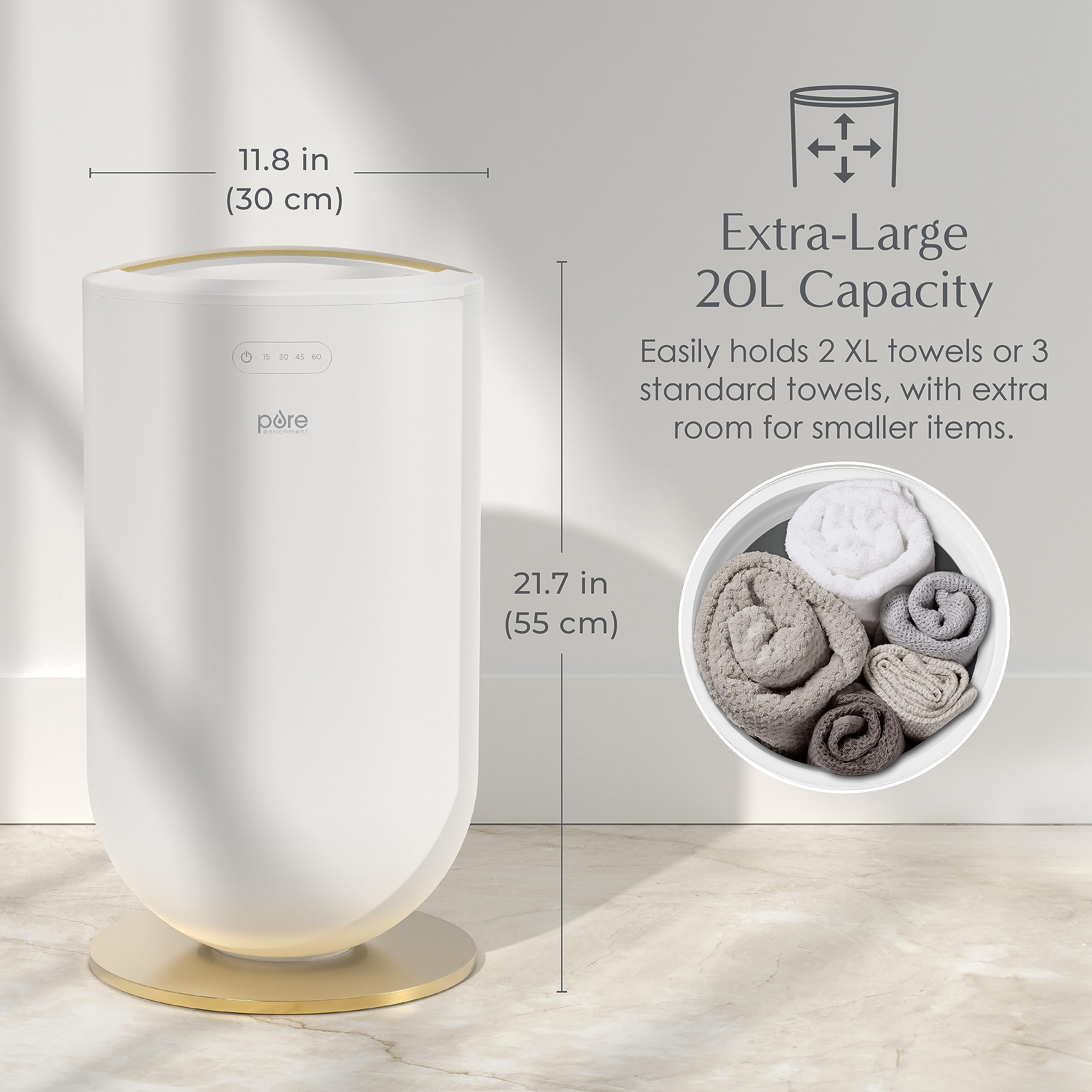 Pure Enrichment PureBliss Luxury Towel Warmer - Extra Large 20L Heats Towels, Robes, Blankets, or Clothing - Modern Bucket Design, 4 Heat Timer Settings & Auto Shut-Off (White & Brushed Gold)