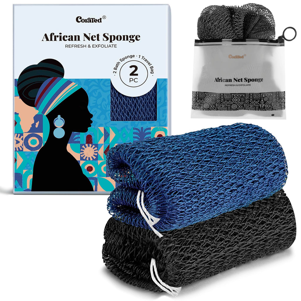 CORATED African Net Sponge Authentic, Shower Loofah Exfoliating Bath Sponge, Body Scrubber for Women and Men Daily Use Body Care, Travel Portable Bath Accessories for Bathroom (Blue & Black)