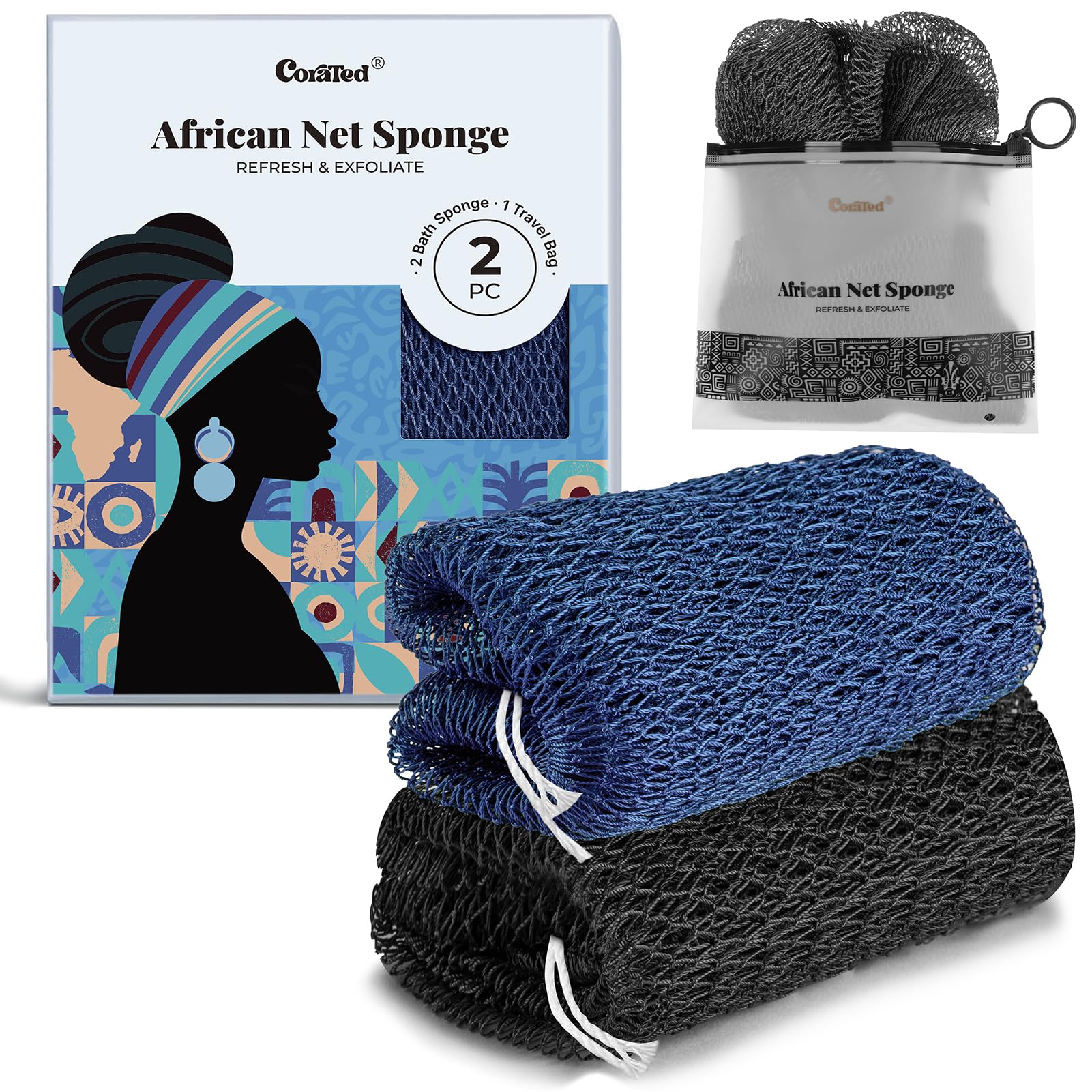 CORATED African Net Sponge Authentic, Shower Loofah Exfoliating Bath Sponge, Body Scrubber for Women and Men Daily Use Body Care, Travel Portable Bath Accessories for Bathroom (Blue & Black)