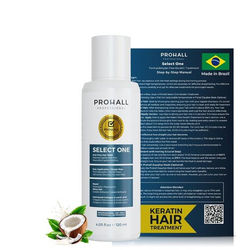 Brazilian Keratin Treatment Blowout Complex-PROHALL SELECT ONE 4.05 oz-Formaldehyde Free Keratin Hair Treatment at Home-Queratina Brasileña Keratina Para Alisar el Pelo Sin Formol-Off White
