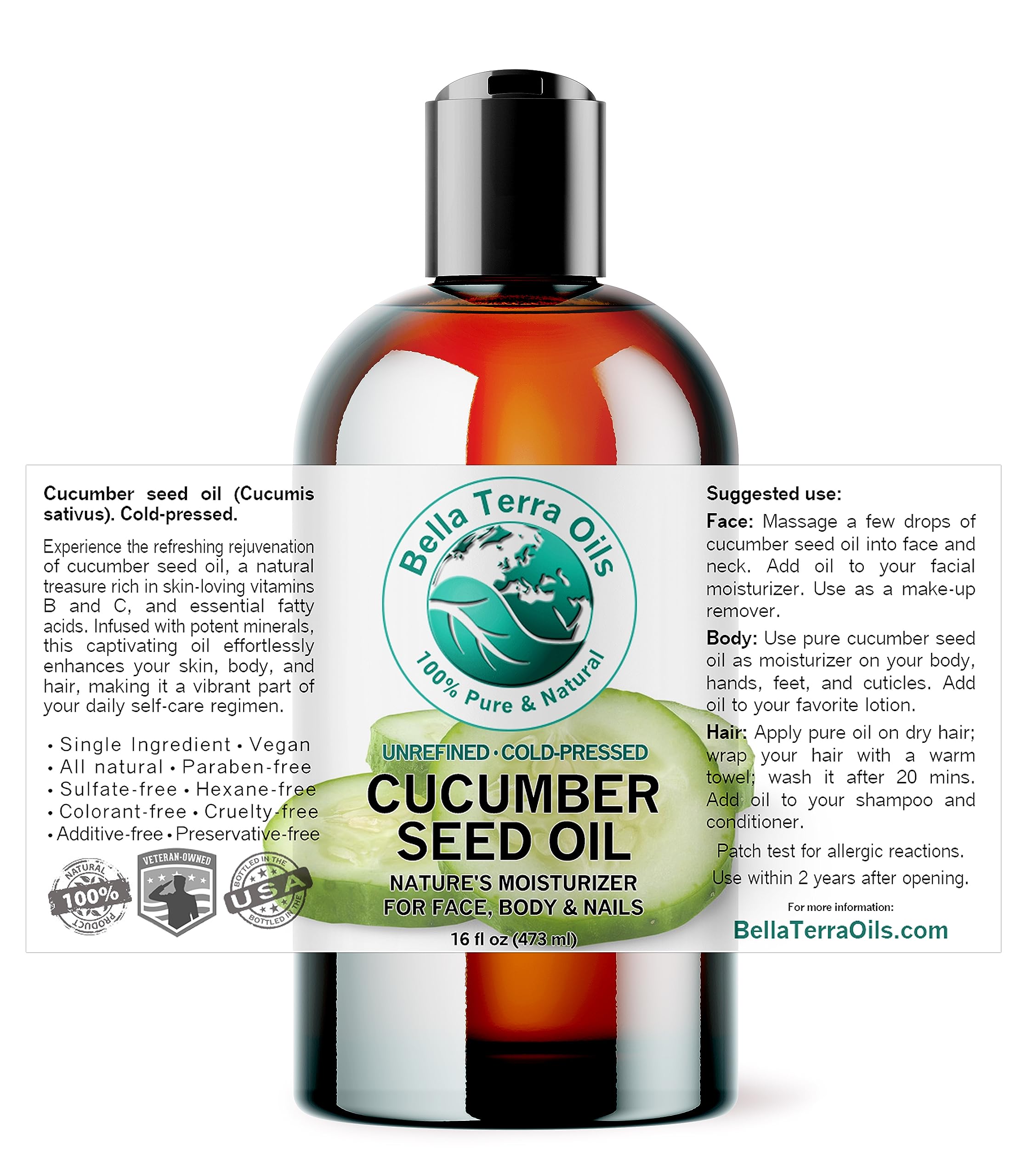 Bella Terra Oils - Cucumber Seed Oil 16 oz - Experience Pure Cucumber Extract, Brimming with Minerals & Antioxidants, Sublime Elixir for Face & Beyond