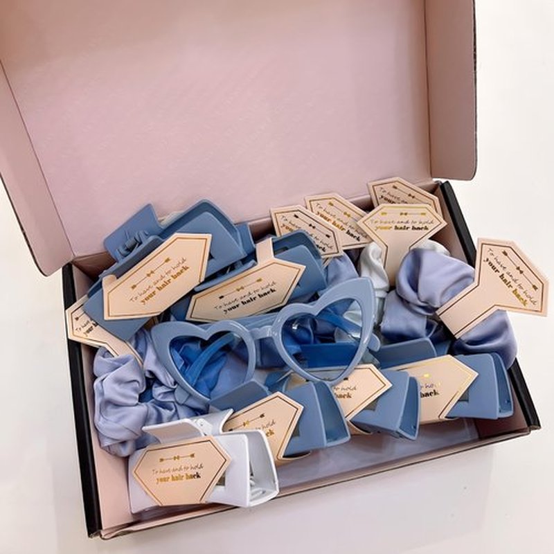 Tethzeng Bridesmaid Scrunchies Proposal Gifts Bachelorette Hair Claws Clips Girls heart sunglasses for Wedding Party Favors (White&Dusty Blue)