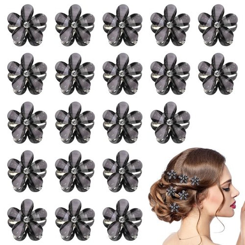 20 PCS Small Flower Crystal Hair Clips for Women Cute Mini Tiny Little Sparkling Metal Flower Sweet Artificial Bangs Hair Claw Clip Decorative Cute Hair Party Accessories for Women Girls Gift (Black)