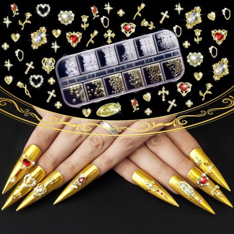 Allstarry Gold Nail Charms, Gold Charms for Nails 3D Charm and Gems Y2K with Flatback Rhinestones Pearls Chunky Bulk Jewels Gold Cross Star Rose Heart Virgin Mary Nail Accessories