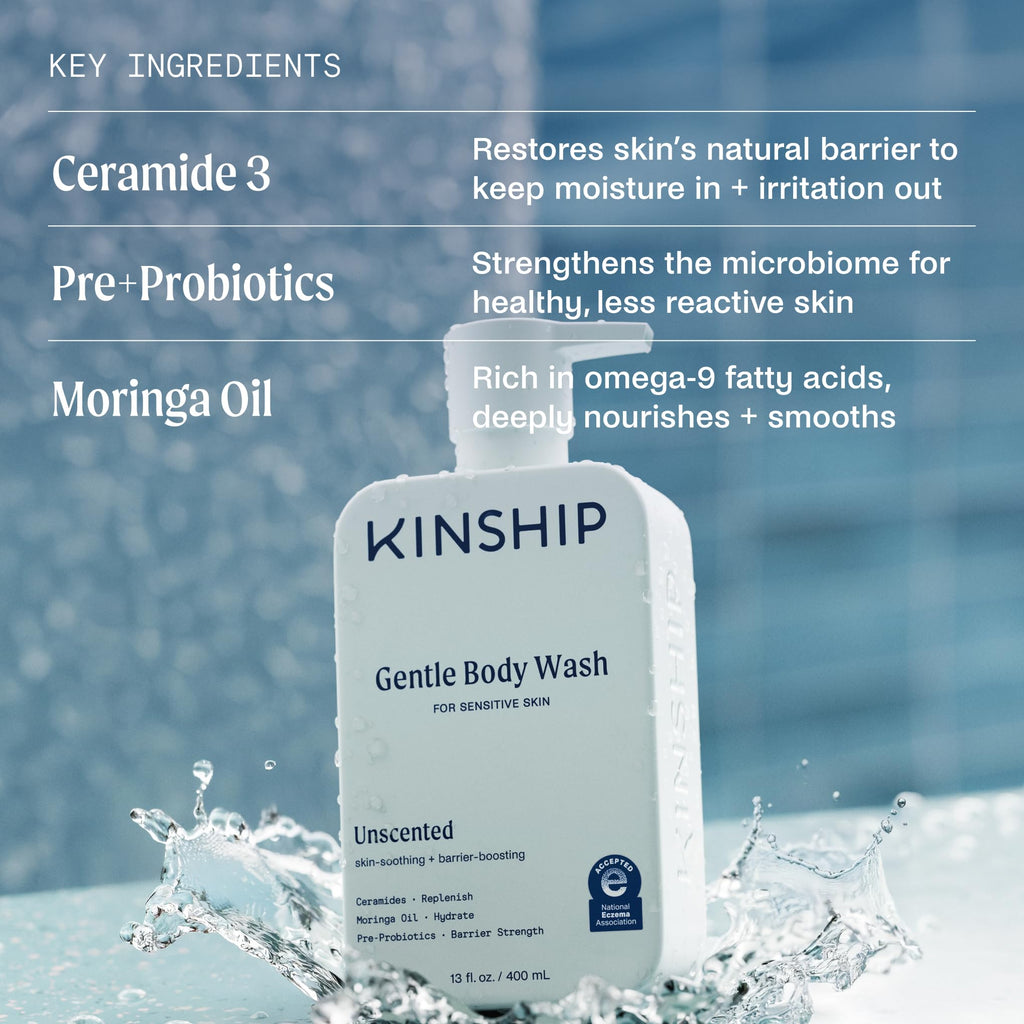 Kinship Gentle Moisturizing Body Wash for Sensitive Skin | Eczema Relief & Hydration for Dry Skin | Fragrance-Free, Unscented Body Soap, 13 oz