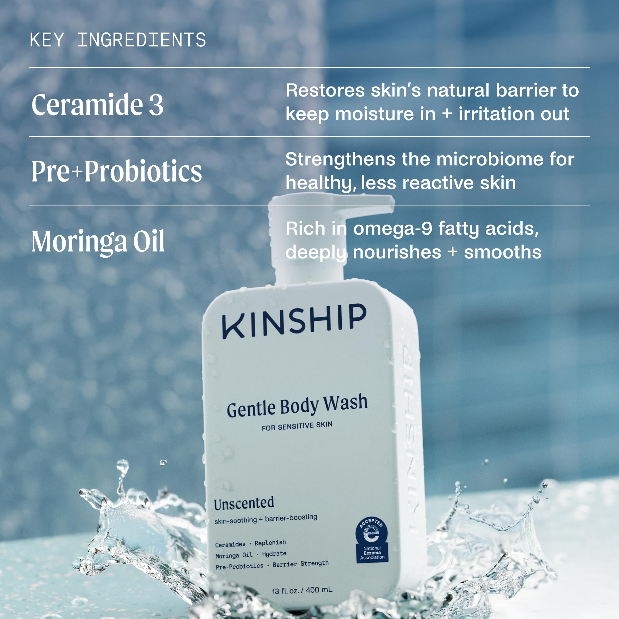 Kinship Gentle Moisturizing Body Wash for Sensitive Skin | Eczema Relief & Hydration for Dry Skin | Fragrance-Free, Unscented Body Soap, 13 oz