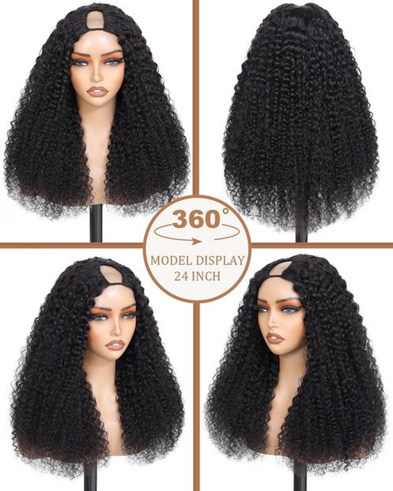 jcoolo V Part Wig Human Hair Kinky Curly Upgrade U Part Human Hair Wig With Adjustable Drawstring 200% Density V Shape Clip In Half Wig For Women Natural Color 20 Inch