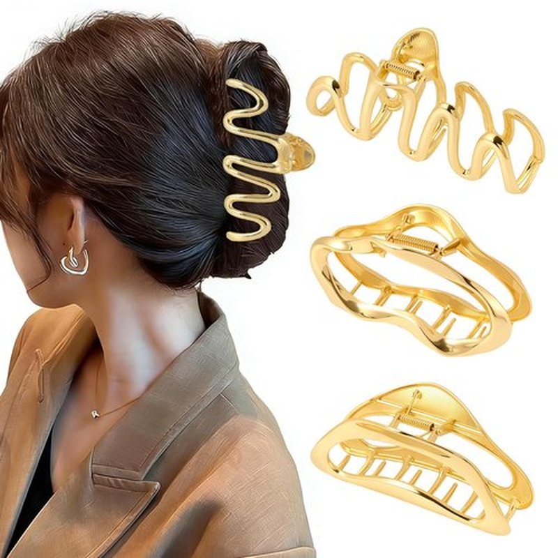 3 PCS Large Gold Metal Hair Claw Clips, Non-Slip Hair Catch Barrette Jaw Clamp Clips for Women Girls, Durable & Elegant French Banana Hair Clips for All Hair Types, Cute Claw Clips