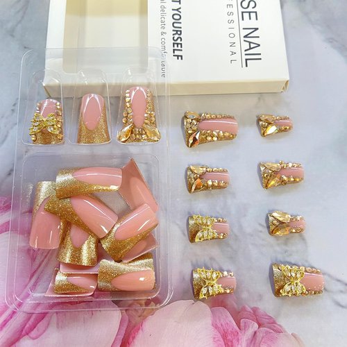 Duck Nails Press on Feet Fan Flared Fake Gold Butterfly Rhinestones Glitter French Tip Acrylic Reusable Stick on With Design for Women DIY Charm
