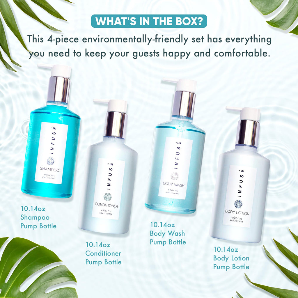 1-Shoppe Infuse 4 Piece Ecobox All-In-Kit | White Tea and Coconut Soap | 1 Shampoo, 1 Conditioner, 1 Body Wash and 1 Lotion | 10.14 oz Hotel Soaps and Toiletries Bulk | Personal Care Products