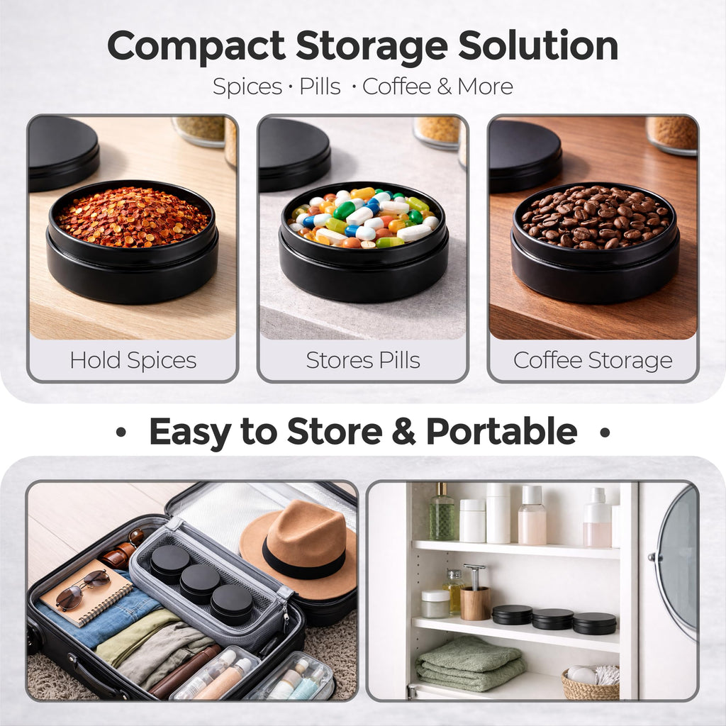TYNZZ 3 Pcs, Metal Tin Round Container, Mini Portable Small Storage Container Kit with Twist Lid for Home Storage 2.5x1 Inch, Black