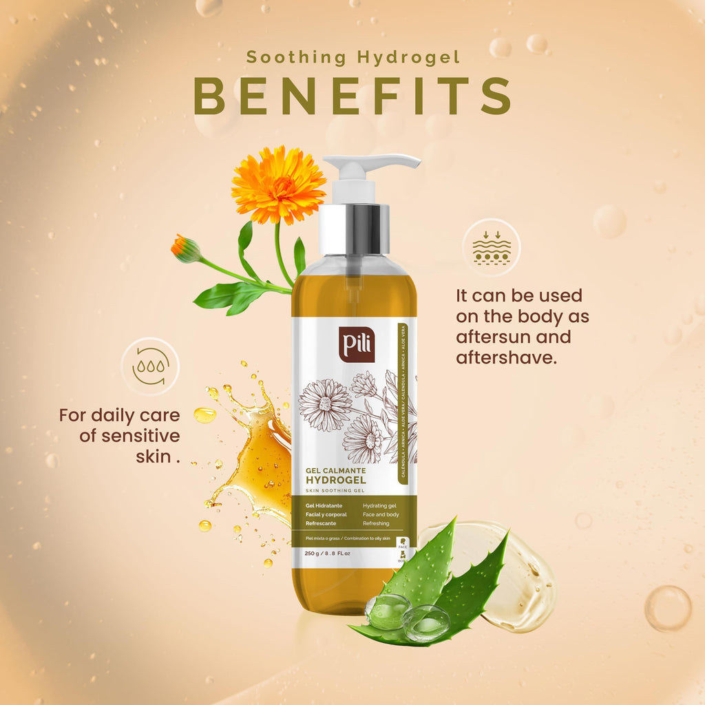 Pili Hydrogel | Face and body Skin Soothing Gel with Arnica, Calendula, Centella Asiatica and Aloe Vera extracts | Multi use calendula gel | Parabens and Alcohol Free | (8.8 Ounce (Pack of 1))