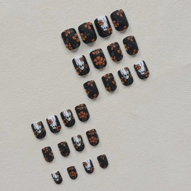 Press on Nails - Short Square Fake Nails with Yellow Flowers Cute Little Ghost Designs Black Matte Artificial Nails Full Cover Stick on Nails for Women Girls Party 12 Sizes - 24 Pcs
