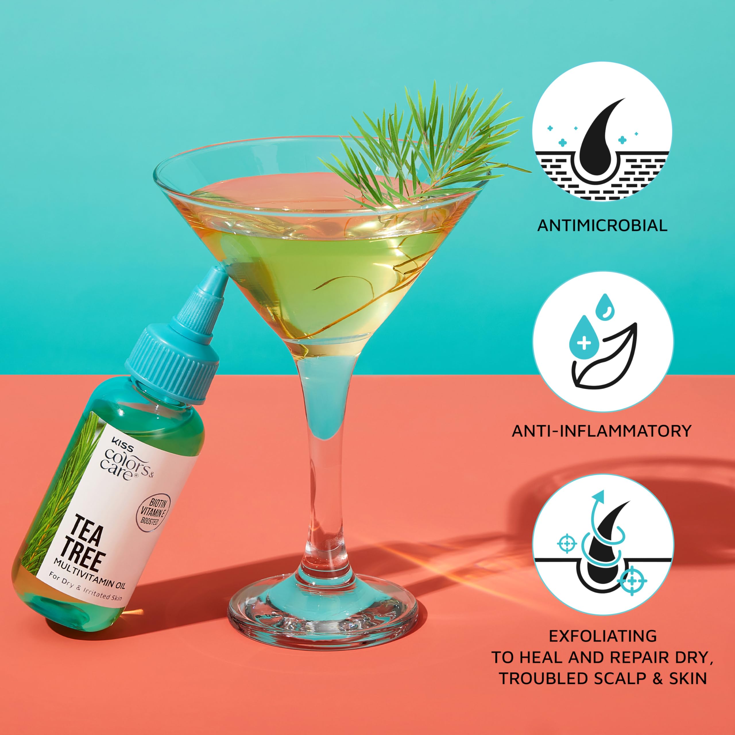 Kiss Colors & Care Tea Tree Multivitamin Oil for Hair & Skincare, Infused with Biotin, Vitamin E and Natural Oils for Long-Lasting Hydration & Repair, 2.5 fl. oz.