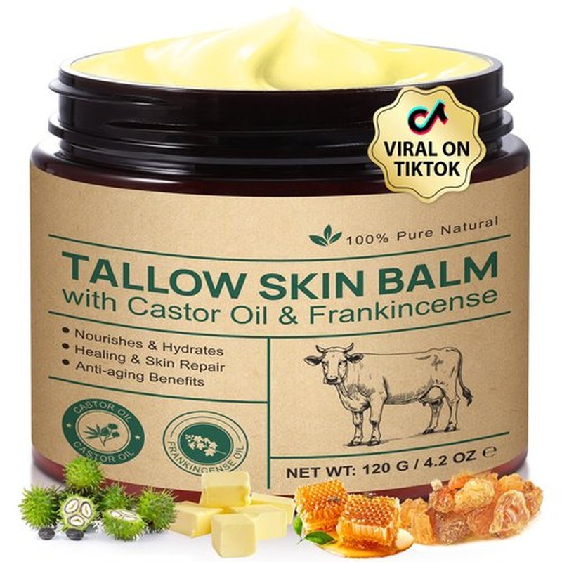 Beef Tallow for Skin & Face Cream with Castor Oil and Frankincense,120g,Organic Natural 100% Grass Fed,Whipped Beef Tallow Balm Deeply Moisturizing for Face & Body Care,4.2 oz