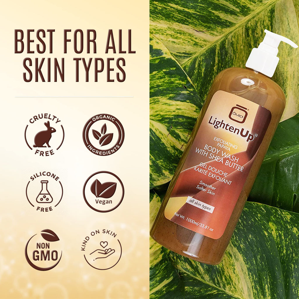 OMIC Lighten-Up LightenUp Exfoliating Body Wash - 33.8 Fl oz / 1000 ml - Formulated to Exfoliate and to Nourish Skin, with Shea Butter, Papaya