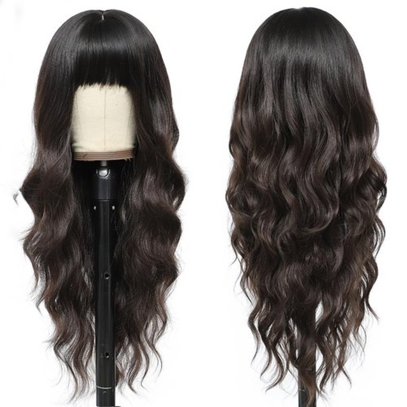 BEAUTIFA Dark Brown Wig for Women, Long Brown Wavy Wig with Bangs 26 Inch Wigs Natural Looking Heat Resistant Synthetic Wig for Daily Party Use