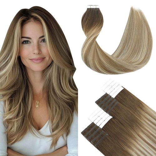 SURNEL Tape in Hair Extensions Balayage Walnut Brown to Ash Brown and Golden Blonde Human Hair Tape in Extensions 14inch 20pcs 50g(#3/8/22-14)